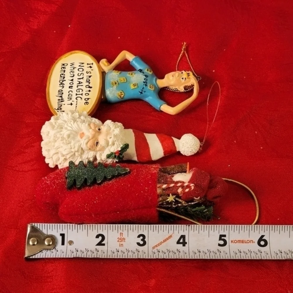 Christmas Ornaments Lot of‎ 3 Santa, Snowman in Stocking, Post it Man